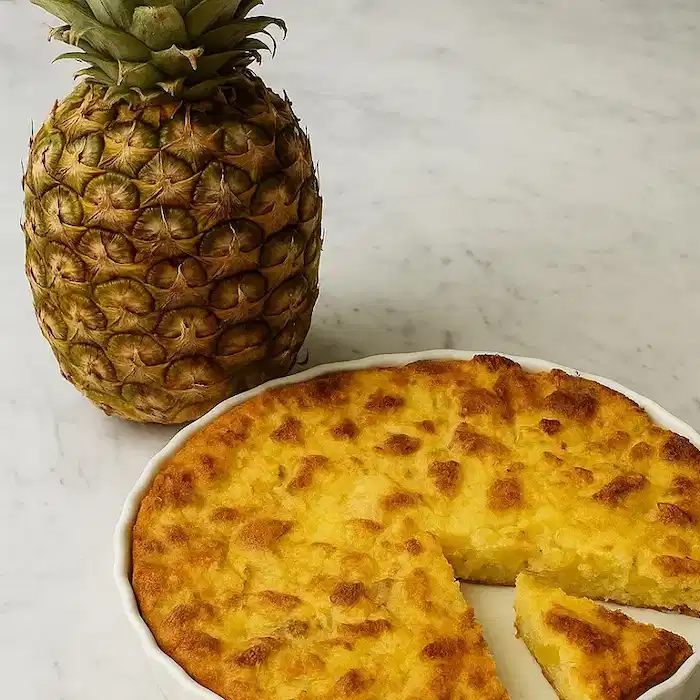 Homemade pineapple stuffing in a white dish with a fresh whole pineapple