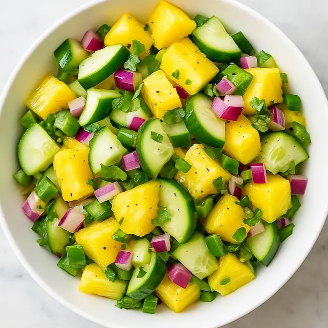 Refreshing pineapple cucumber salad with lime and mint in a white bowl