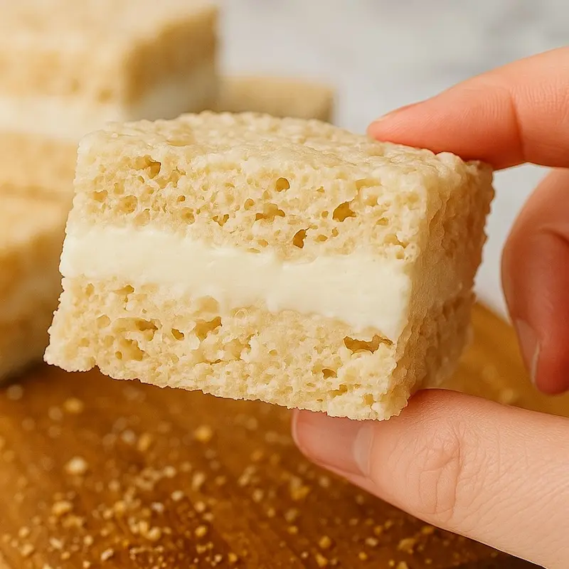 Rice Krispie treat ice cream sandwich layered with vanilla ice cream and chocolate drizzle