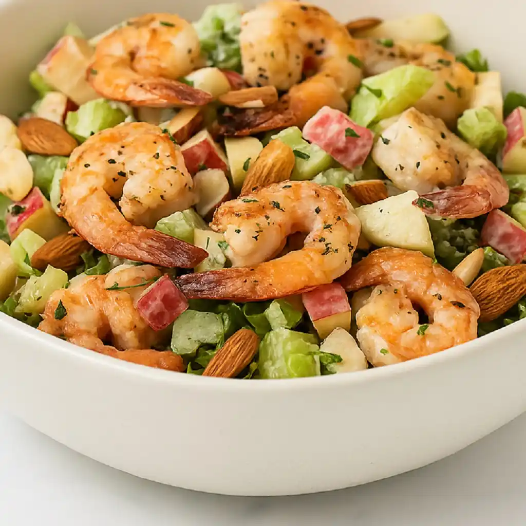 Apple Almond Shrimp Salad – Irresistible, Quick & Flavor-Packed! 4 Apple Almond Shrimp Salad with diced apples, almonds, and celery in a white bowl