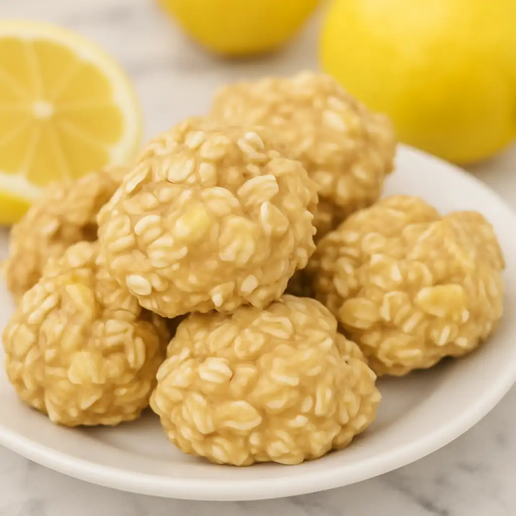 Zesty Lemon Oatmeal No Bake Cookies (Easy, Chewy & No Oven Needed!) 4 Plate of homemade lemon oatmeal no bake cookies with fresh lemons in background