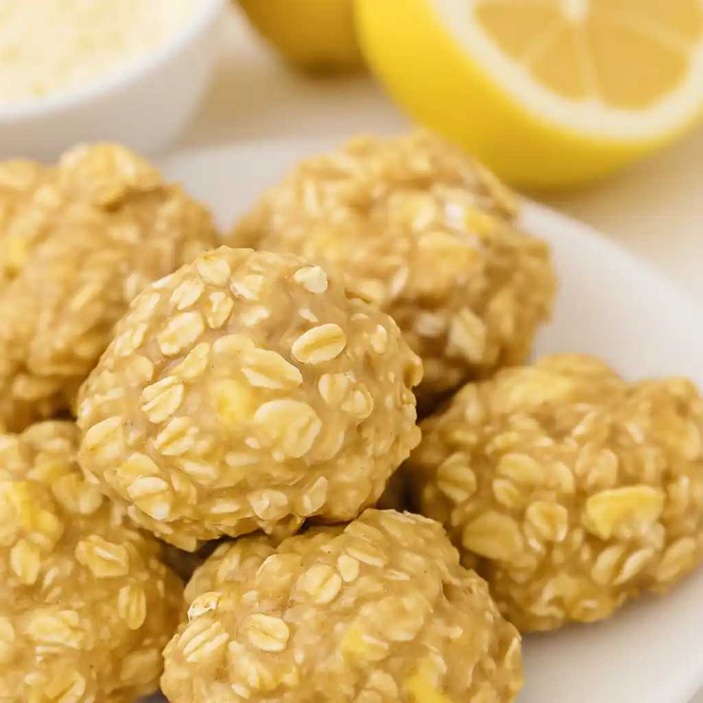 Close-up of lemon oatmeal no bake cookies made with oats and fresh lemon